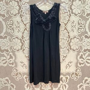 SD II Gothic Rayon Long Black Soft Tank Top with Floral Appliqués on V-neckline